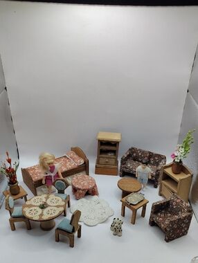 Vintage Miniature 23 Piece Dollhouse Lot - Floral Upholstery, Wood Furniture